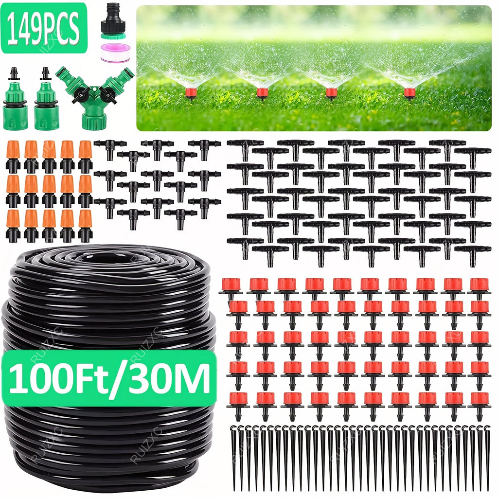 Drip Irrigation Kit with Adjustable Drippers and Spray Nozzle References, Flexible Vinyl Hose in 65ft and 100ft Options for Garden Beds and Patio Plants