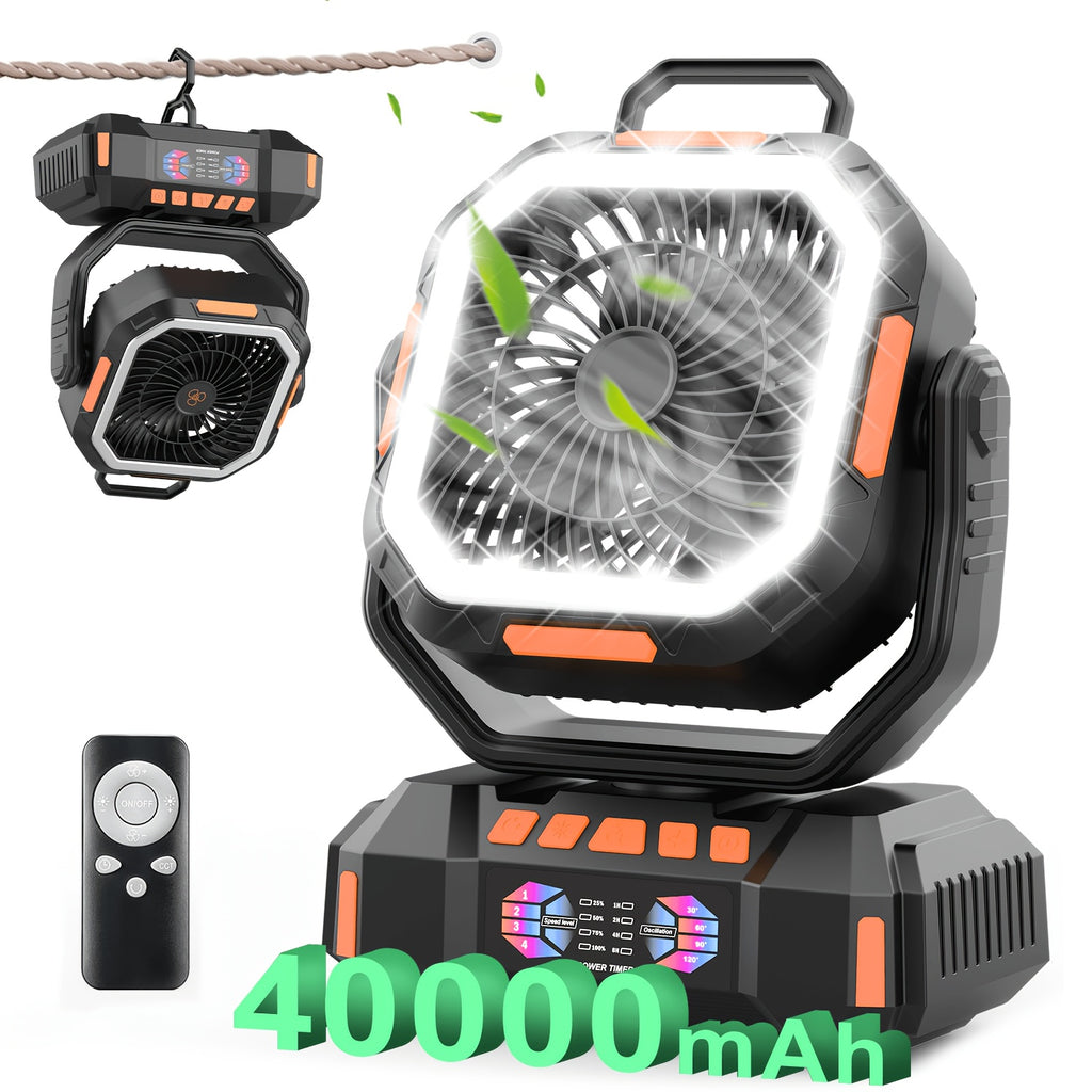 Cordless Oscillating Camping Fan with 40000mAh Rechargeable Battery, 4 Speeds and LED Lantern for Tent Airflow, RV Travel, Picnics and Home Power Outages