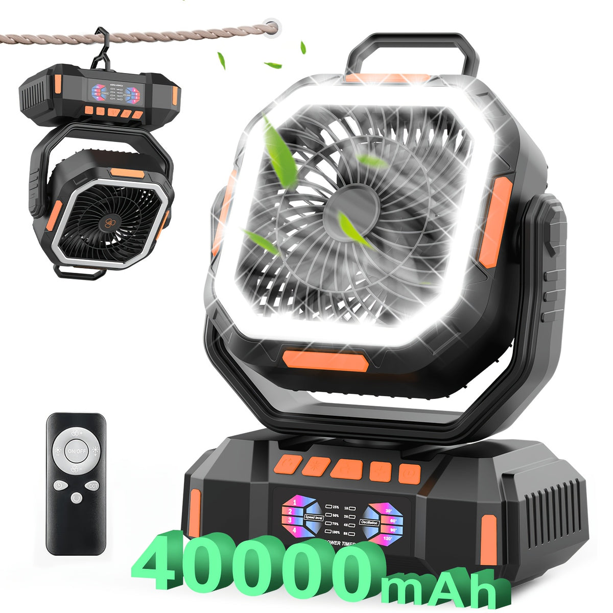 Cordless Oscillating Camping Fan with 40000mAh Rechargeable Battery, 4 Speeds and LED Lantern for Tent Airflow, RV Travel, Picnics and Home Power Outages