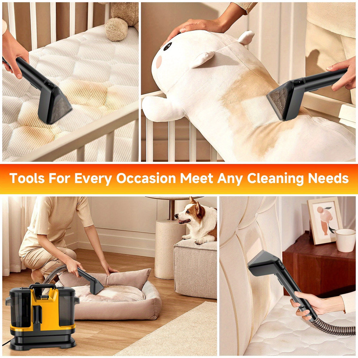 35kPa Portable Upholstery Spot Cleaner with Dual-Size Brush, Integrated Blowing and Suction, ABS Resin Body and 120V Power for Home Cleaning