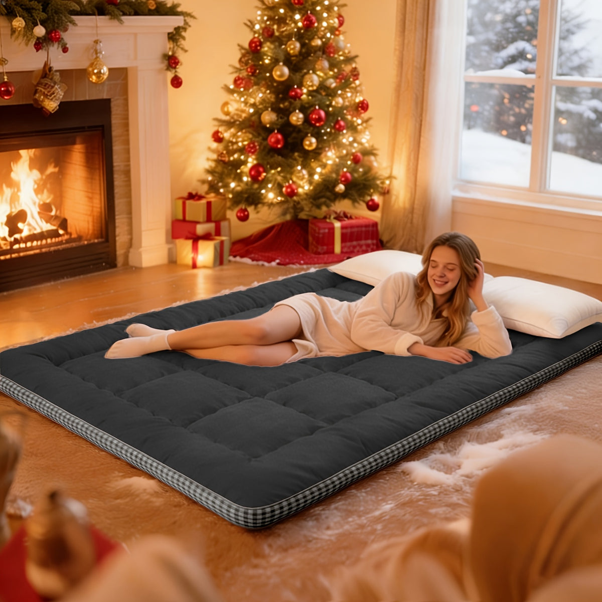 Foldable Floor Mattress with Listed Soft Fluffy Feel and Tatami-Style Design, Seven Color Choices and Twin, Full, Queen or King Labels for Guest Room Lounging