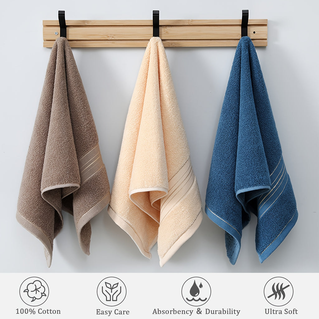 Cotton Hand Towel in Striped 100% Cotton, Single 28.35 x 12.6 Inch Bathroom Towel with Random-Color Hook and Beige, Blue or Khaki Options for Daily Hand Drying