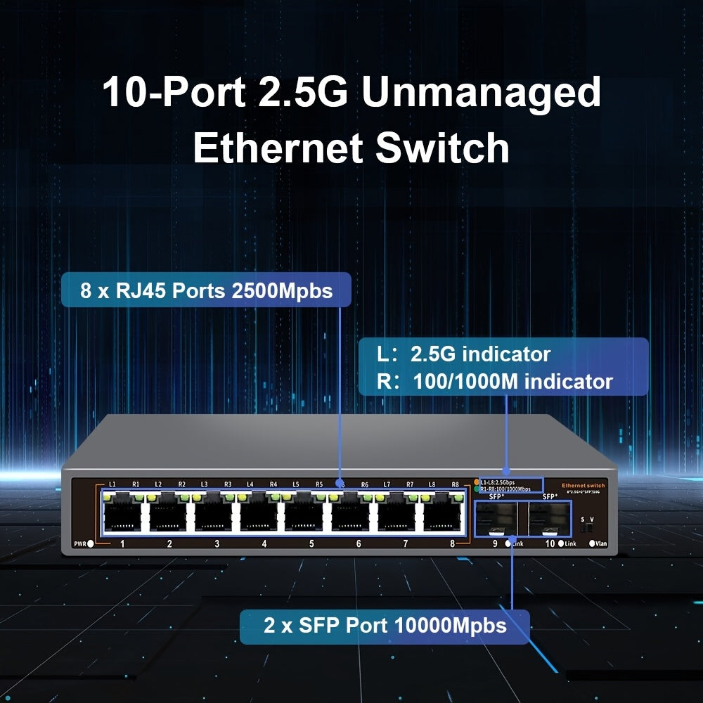 Ten-Port 2.5G Ethernet Switch in Black with Eight Listed RJ45 Ports and Two 10G SFP+ Slots, Fanless Metal Plug-and-Play Network Device for Compatible NAS and PCs