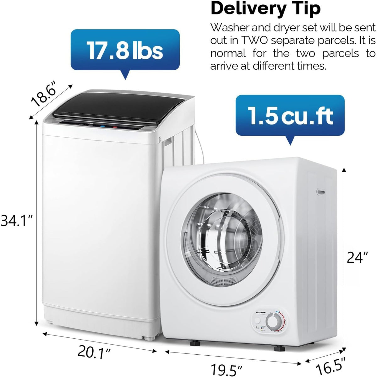 Washer and Dryer Combo, Compact Wash & Dry Laundry Set, Stainless Steel Tub, Smart Control, Low Noise, Wall-Mountable, for Apartment, Dorm, RV & Small Space