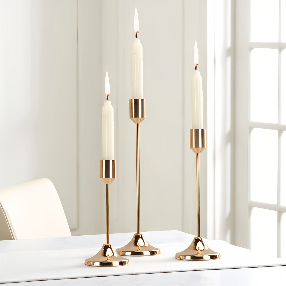 Metal Candle Holders Three-Piece Set for Wedding Centerpieces, Anniversary Dinner Tables and Seasonal Decor with Golden-Tone, French Golden, Silvery or Black Labels