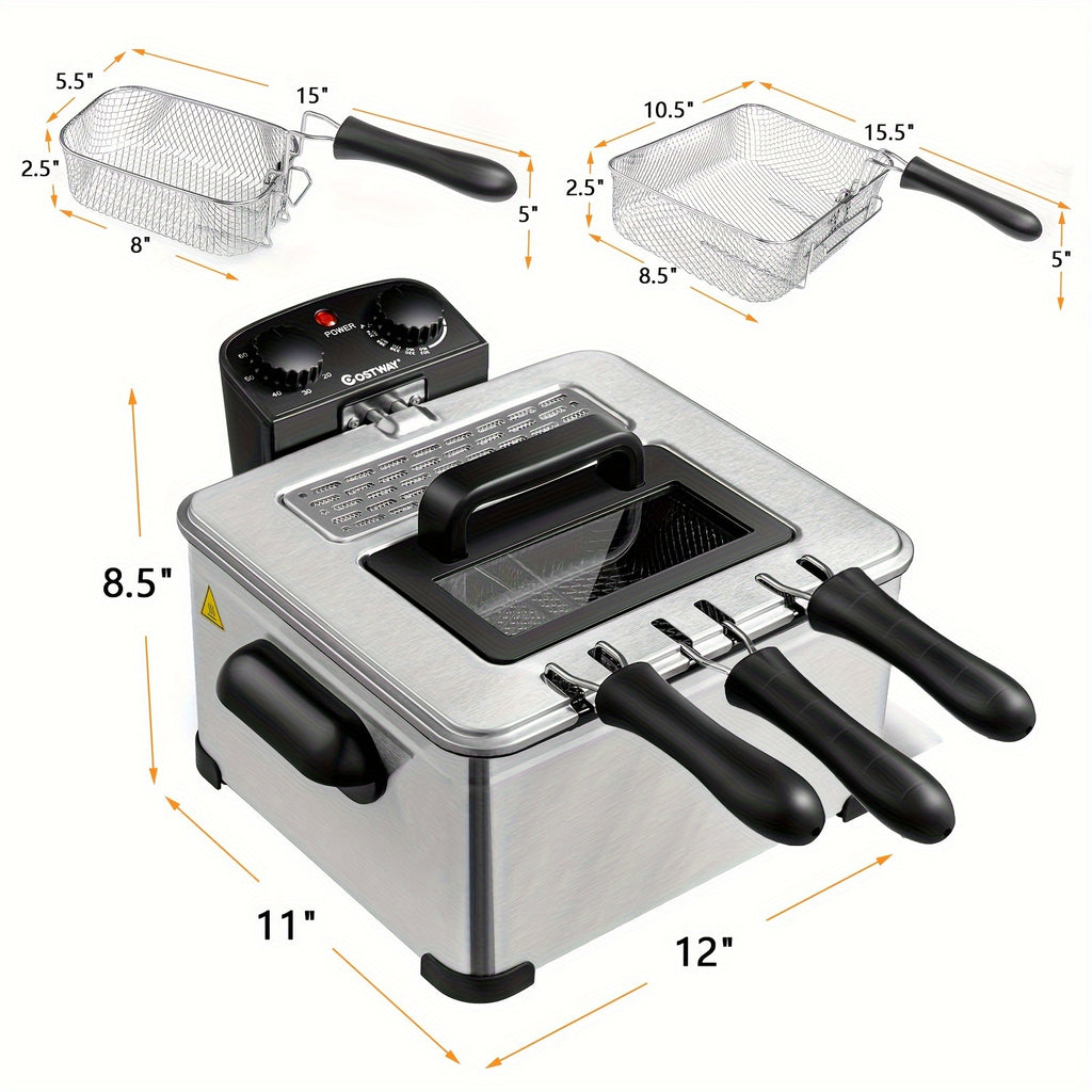 Viewing Window Electric Deep Fryer with Three Baskets, Listed 5.3QT Oil Capacity and 1700W Heating, Adjustable Temperature and Timer for Home Fried Food Preparation