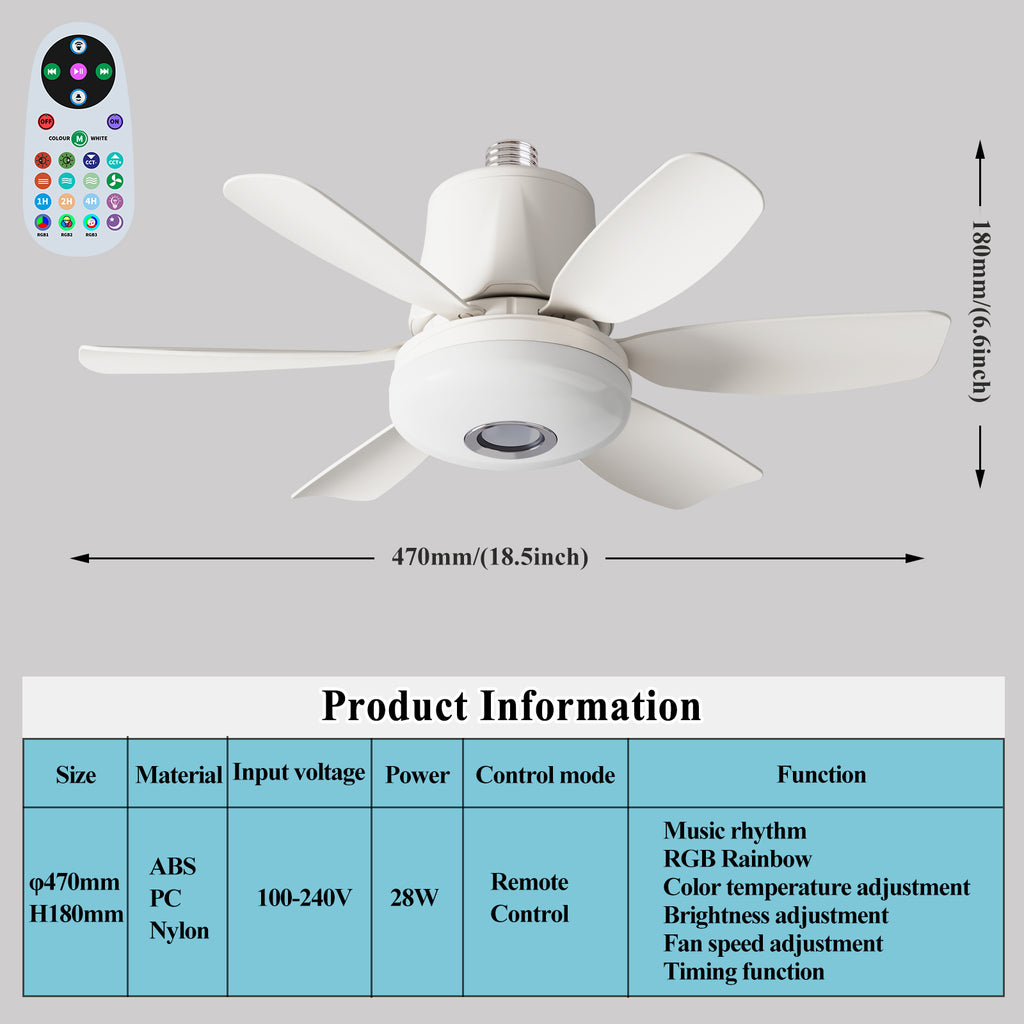 RGB Speaker Ceiling Fan Light with E26/E27 Socket Base, Remote Control, 3 Fan Speeds, Dimmable 3000K–6500K White Lighting and Music Rhythm Effects