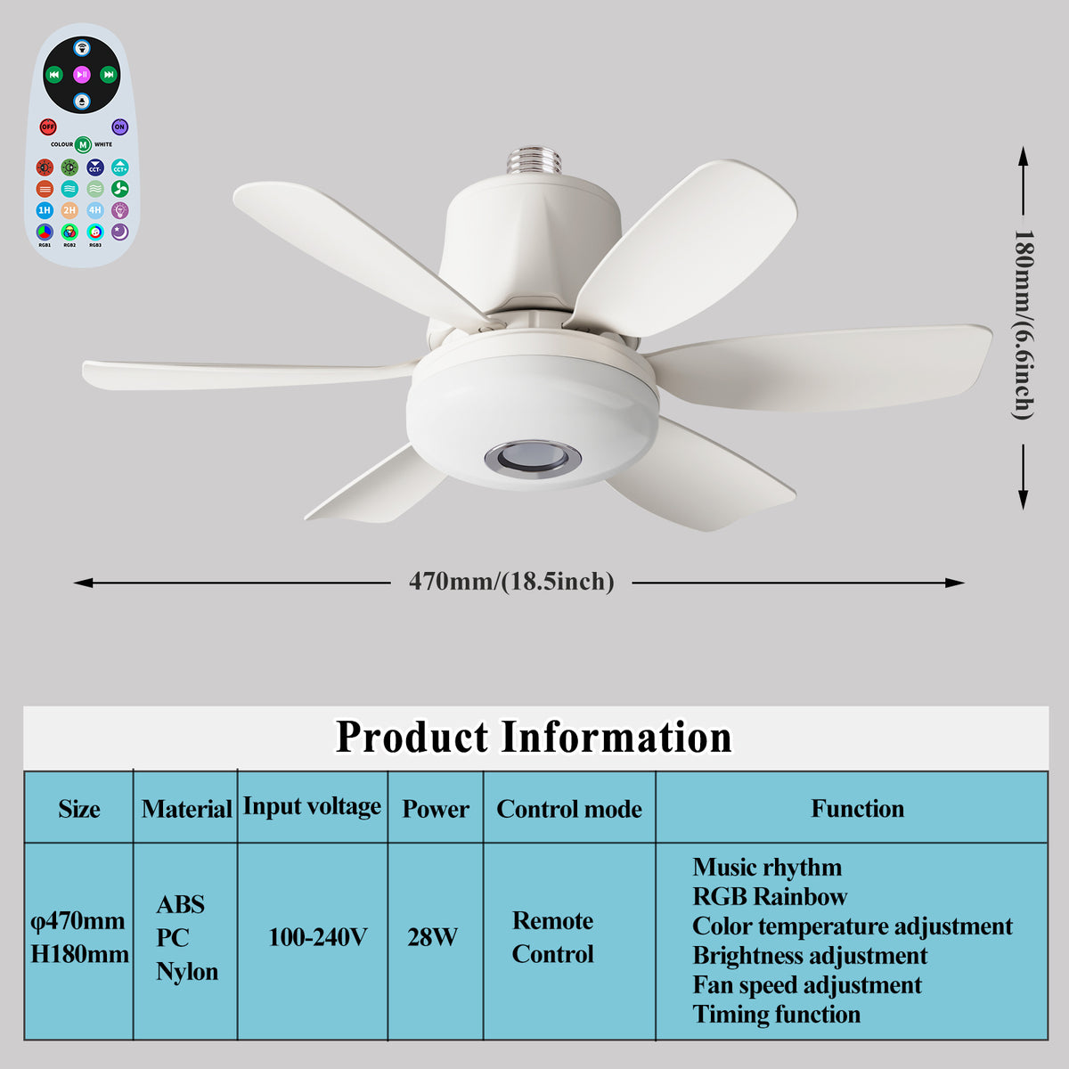 RGB Speaker Ceiling Fan Light with E26/E27 Socket Base, Remote Control, 3 Fan Speeds, Dimmable 3000K–6500K White Lighting and Music Rhythm Effects