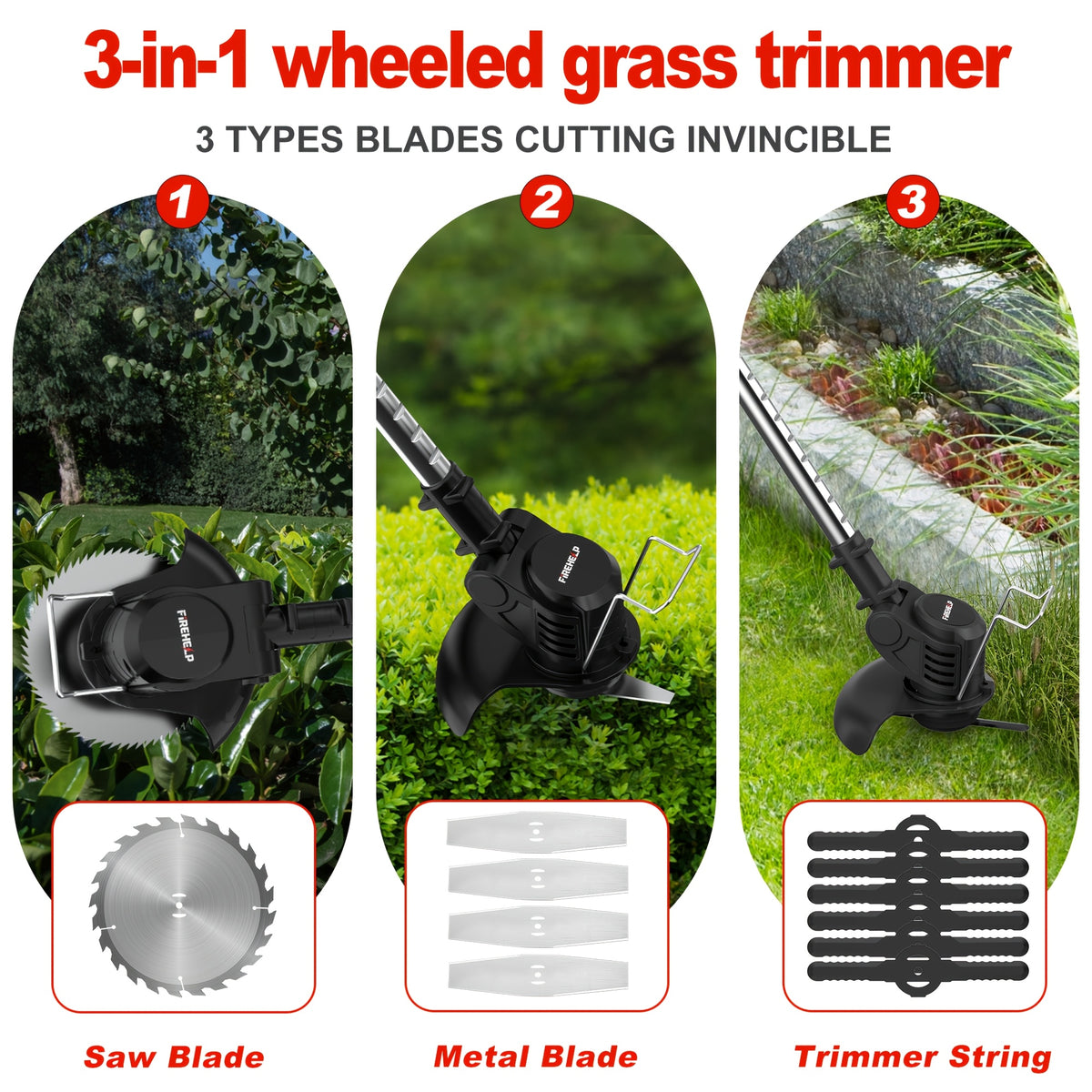 Adjustable Cordless Grass Trimmer with Rotating Head, Listed Three Blades and Two Batteries, Standard Red or Upgraded Color Options for Home Lawn and Garden Maintenance
