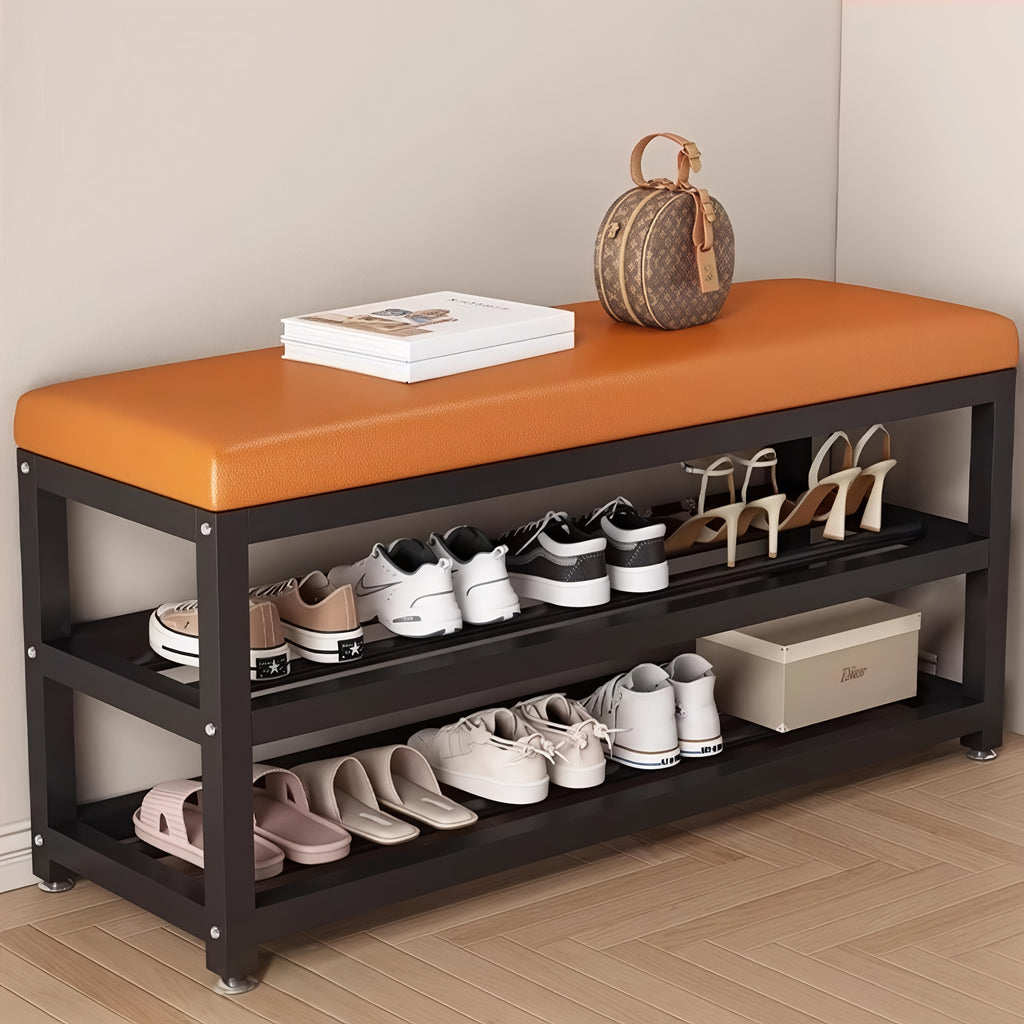 Shoe Storage Bench with Soft Seat Cushion, Metal Frame and Multi-Compartment Design in Grey or Orange, 24 or 32 Inch Model Labels for Entryway Organization