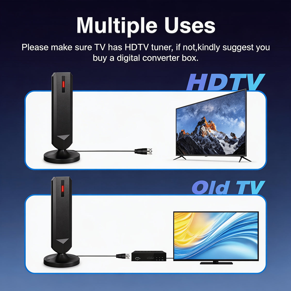 AI PRO Digital HDTV Antenna for Listed Indoor and Outdoor Use, 360-Degree Reception Wording for Compatible Television Setups and Local Broadcast Viewing