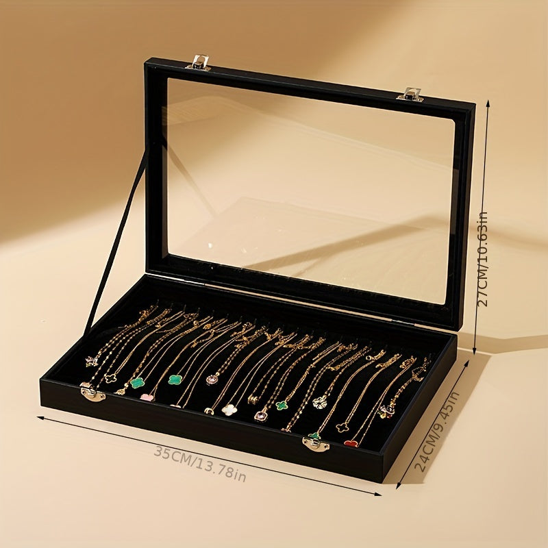 Glass Lid Jewelry Organizer in Black Synthetic Leather with Multi-Compartment Storage, Necklace Box or Earring Box Options for Dressers and Gift Selection