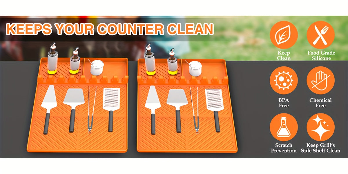Silicone Griddle Utensil Rest Mat with Raised Edges and Textured Surface, 16 x 11.5 Inch Spatula Drip Pad for Compatible Side Shelves and Kitchen Counters, 1 Pack