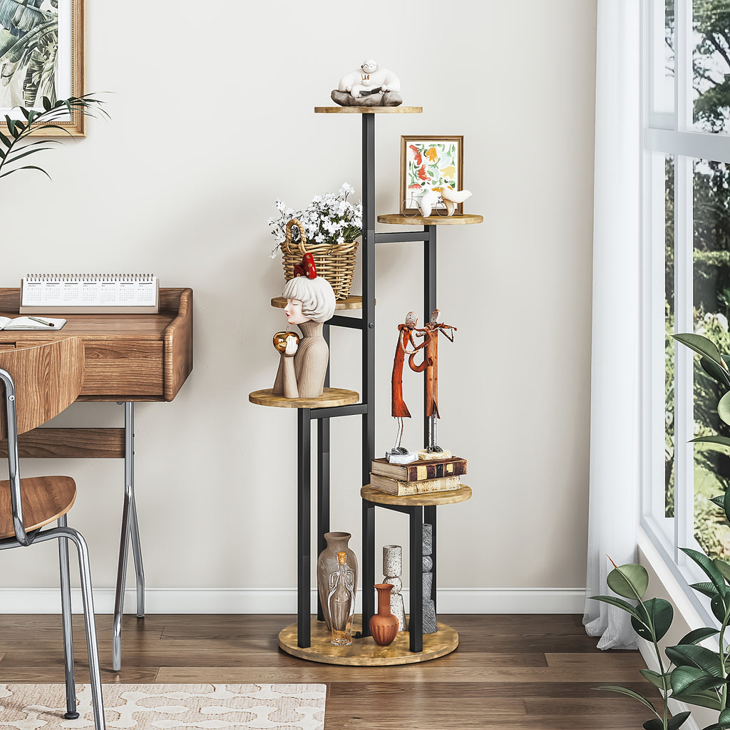 Six-Tier Metal Plant Stand by SUOERNUO with Listed Nine-Pot Display Layout, EVA Base Pads and Black or White Options for Indoor Corner Decor