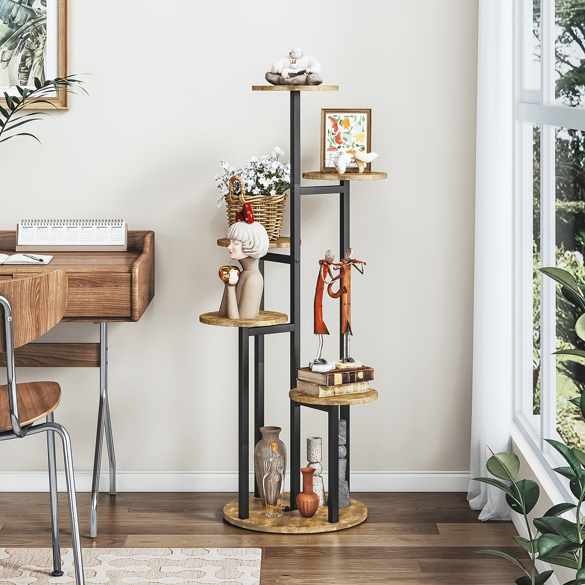 Six-Tier Metal Plant Stand by SUOERNUO with Listed Nine-Pot Display Layout, EVA Base Pads and Black or White Options for Indoor Corner Decor