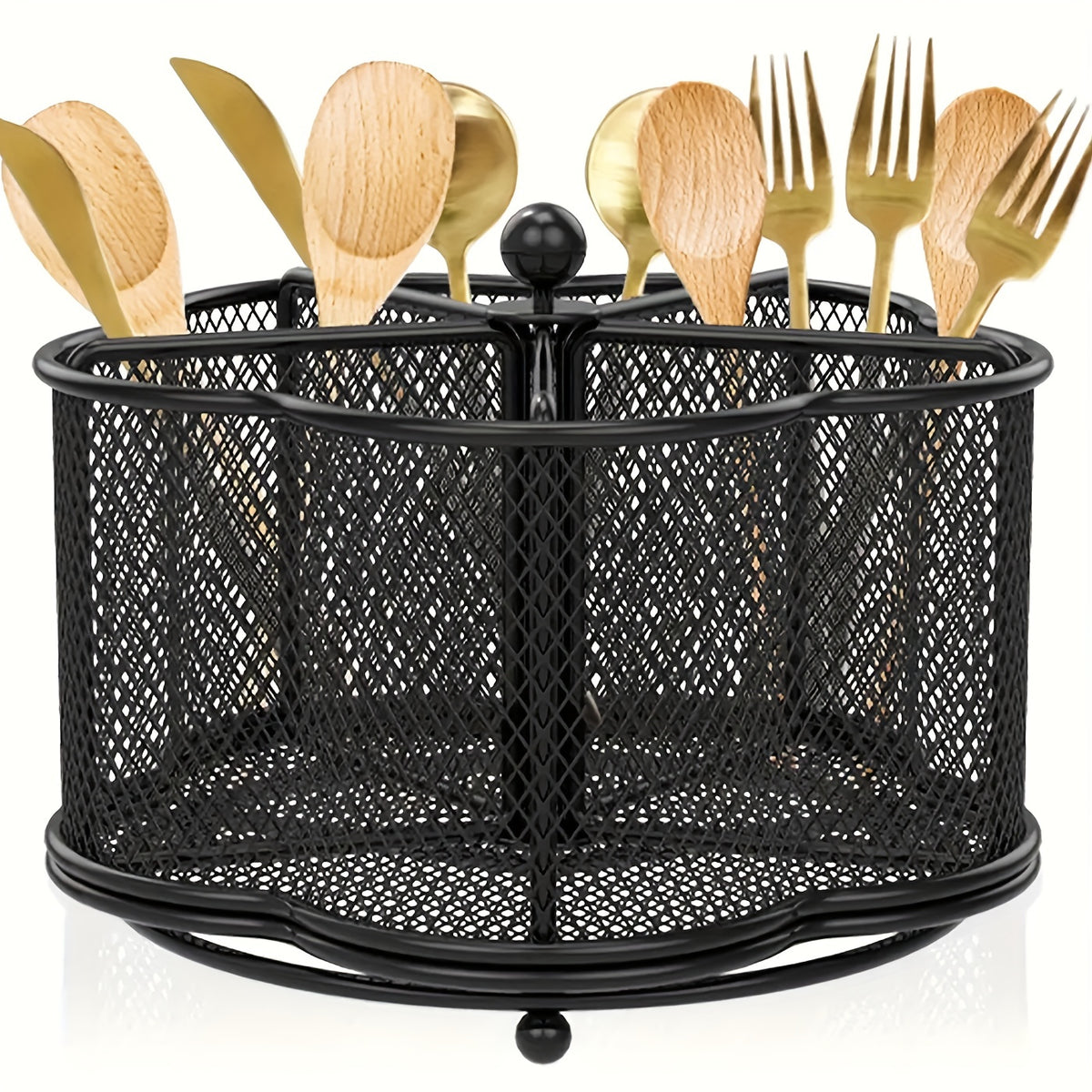 Rotating Metal Utensil Caddy, Five-Compartment Flower-Shaped Mesh Cutlery Organizer with 360-Degree Rotation and Weighted Base for Kitchen Counters and Buffets