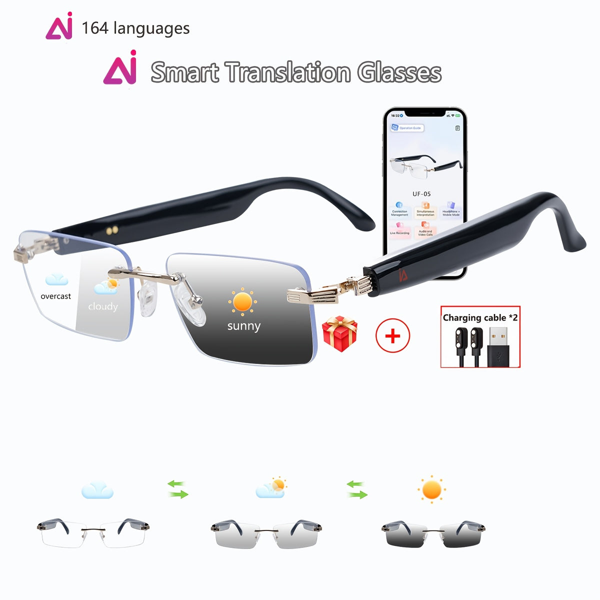 160 Language Translation Smart Glasses, AI Audio Glasses with ChatGPT, HD Calls & HiFi Music, Built-in Mic & Speaker, Photochromic Lenses, Real-Time Translator Eyewear for Travel, Meetings, Men & Women