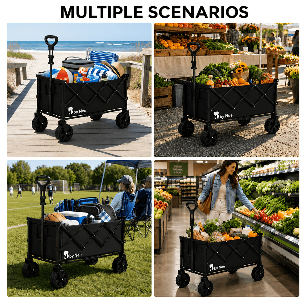 Folding Multipurpose Wagon with Listed Cup Holders and All-Terrain Wheels, Collapsible Utility Cart Options for Garden Supplies, Shopping and Camping Gear