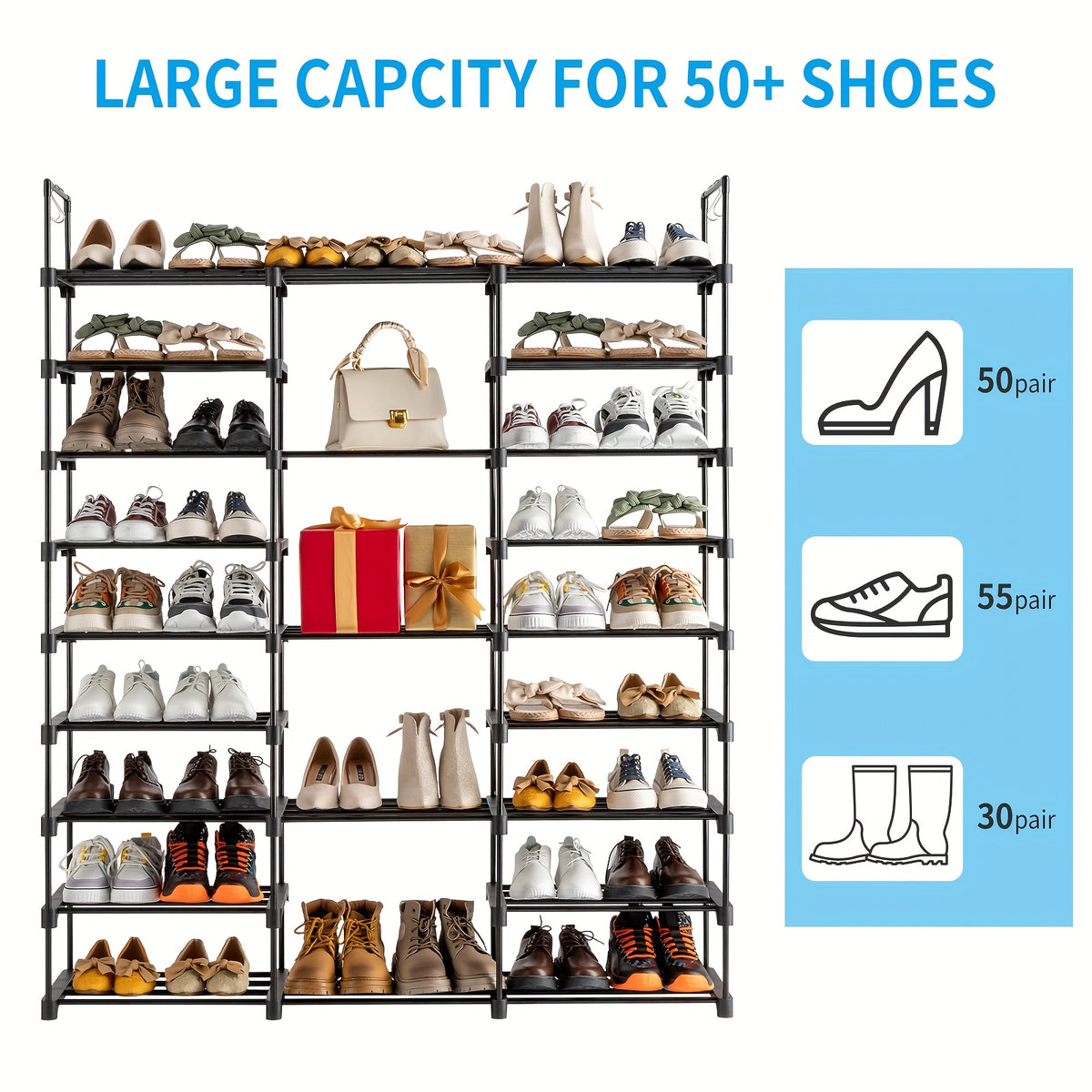 Modular Shoe Rack Organizer with Listed Metal Tubes and Tool-Free Assembly, Nine or Ten Shelf Configuration Labels for Entryway, Closet and Dorm Footwear Storage
