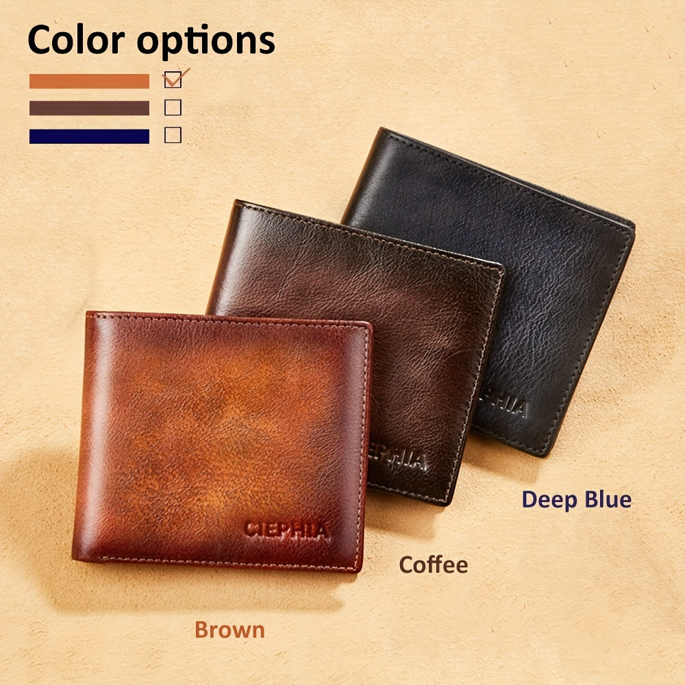 Retro Leather Bifold Wallet for Men, Short ID and Credit Card Holder with Listed 10 x 1 x 11 cm Size in Brown, Deep Blue, Coffee Color or Black for Everyday Carry