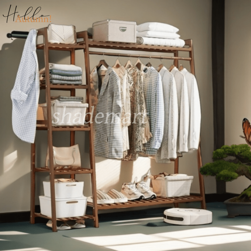Bamboo Garment Rack with Adjustable Shelves, Five Side Storage Racks and Hat Hooks for Bedroom Organization, Brown or Nature with Four Size and Bag Option Labels