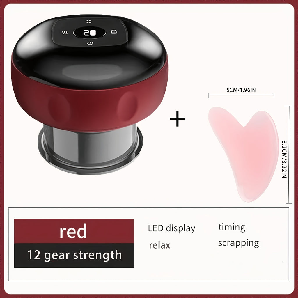 Electric Cupping Device with Pink Gua Sha Board, USB Rechargeable Red or Black Personal Care Tool with Listed 12-Level Heat and Suction Controls and Digital Display