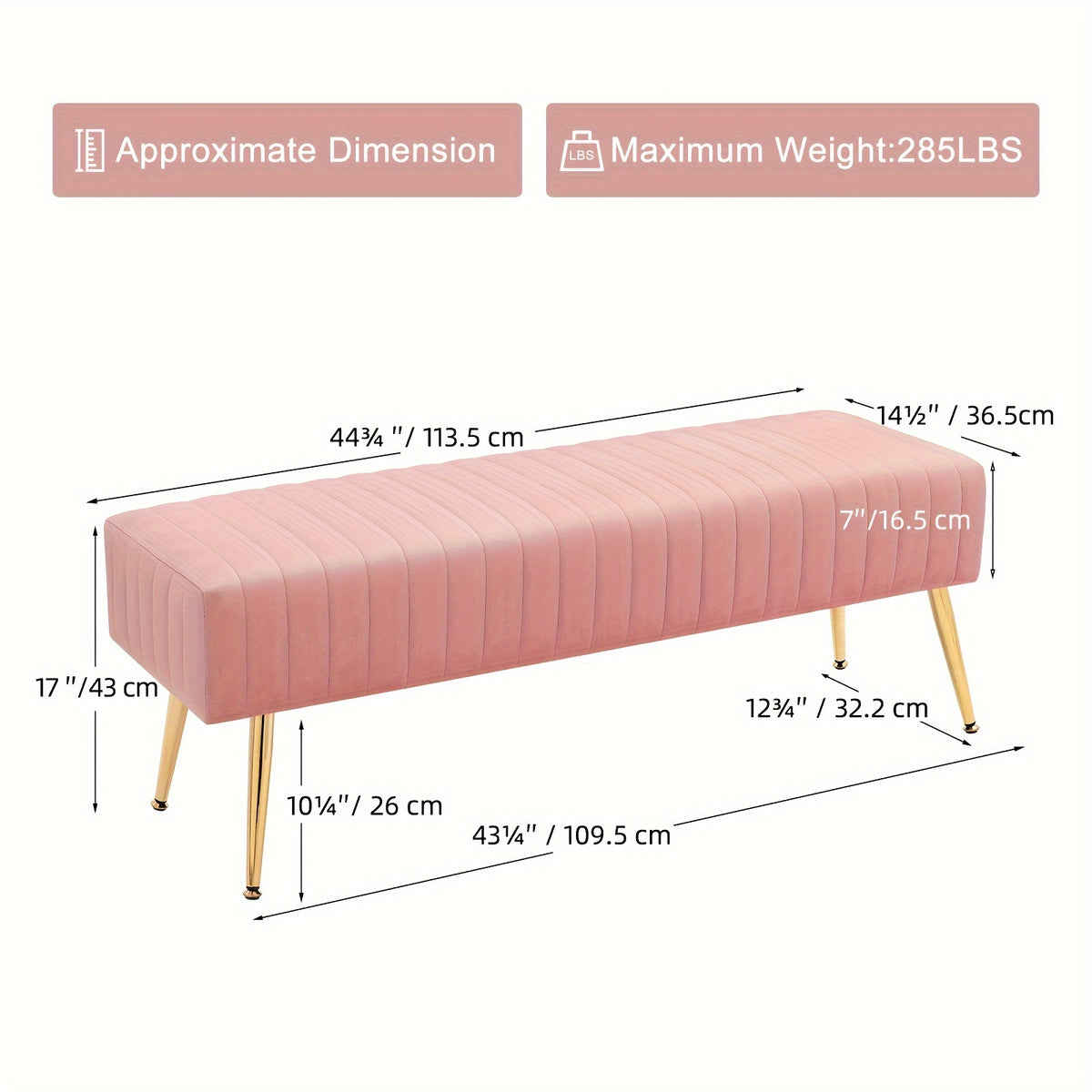 Velvet Entryway Bench with Gold-Plated Legs, 44-Inch Accent Seating for Shoe Changes, Bedroom End-of-Bed Styling and Living Room Footrest Use