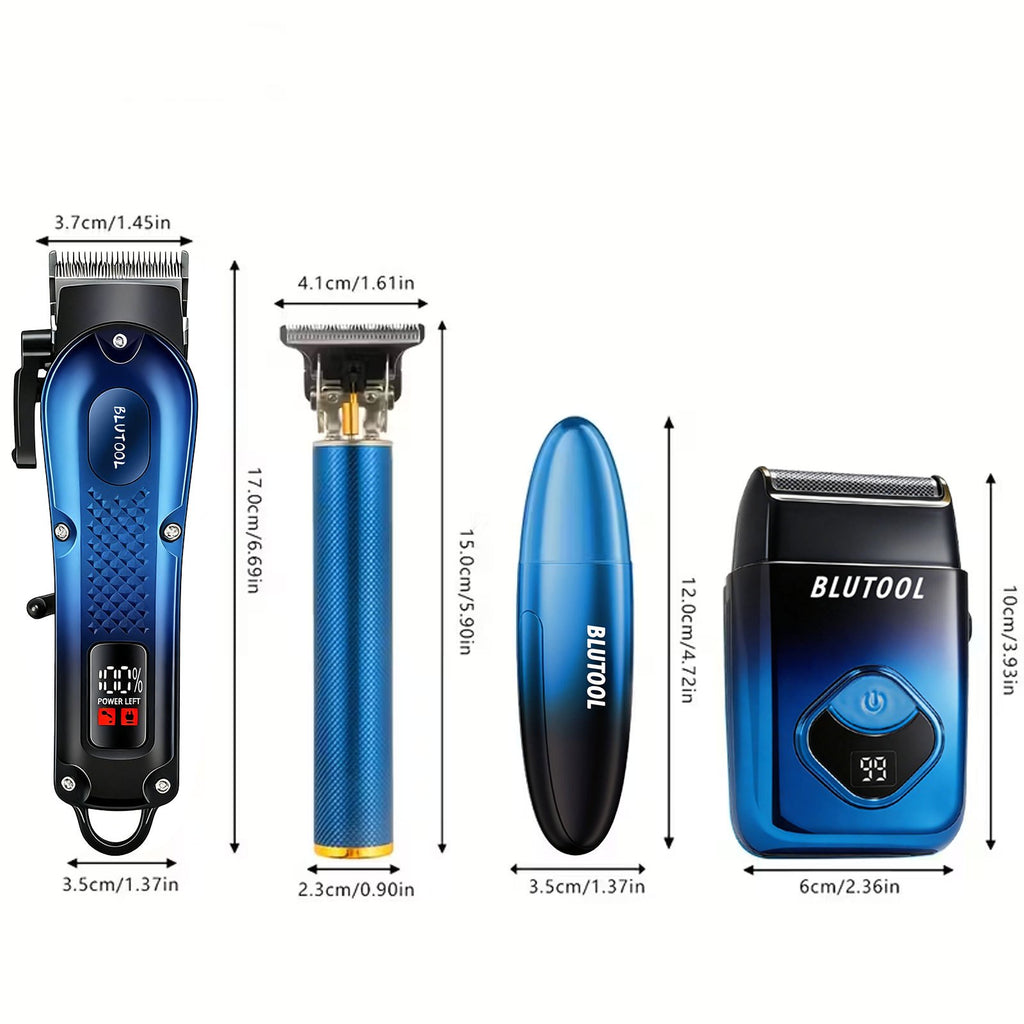 USB Rechargeable Hair Clipper Set for Men in Blue XY-4012, Cordless Grooming Tools with Listed Shaver, Nose Trimmer and Fine Trimmer Package References