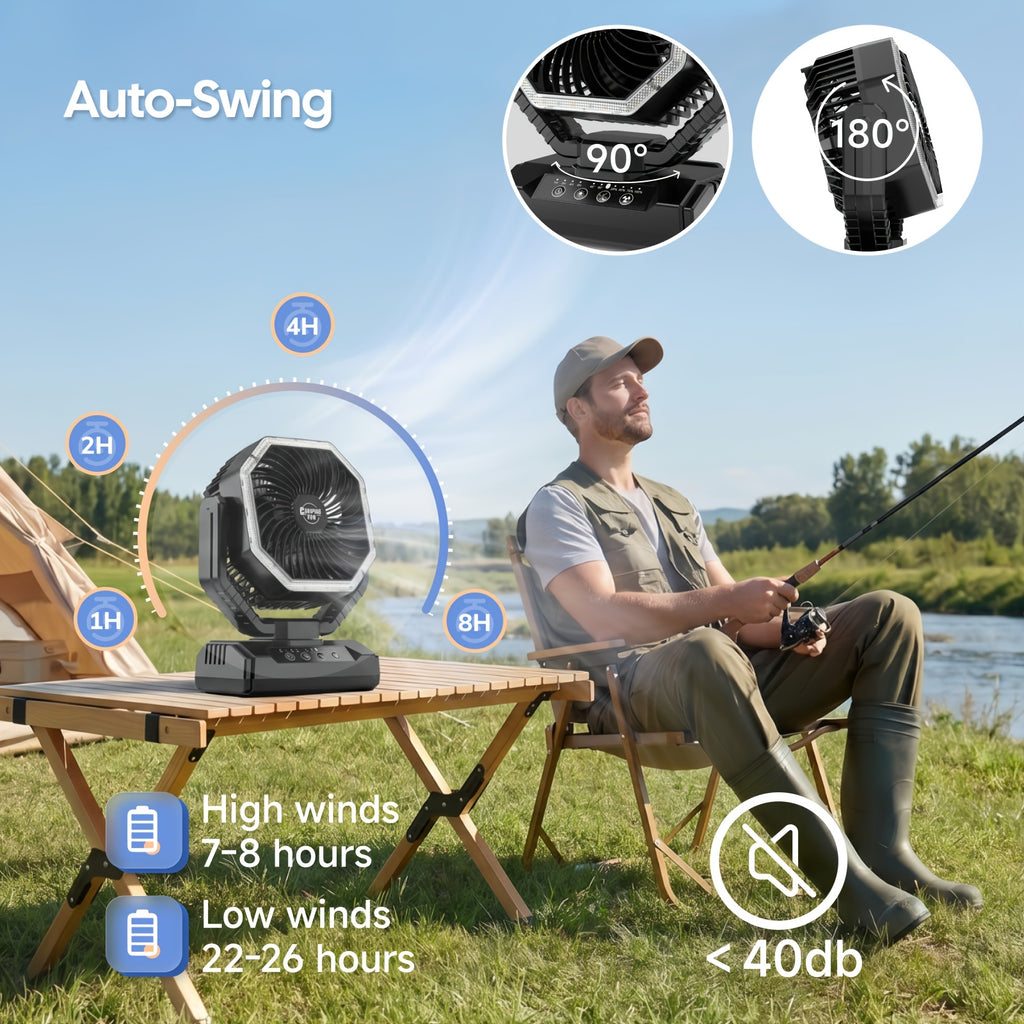 Battery Powered Camping Fan with 20000mAh Rechargeable Battery, Dual Auto Swing, 4 Speeds, 3-Level LED Light, 8-Hour Timer and Hanging Hook for Tents and RV Trips