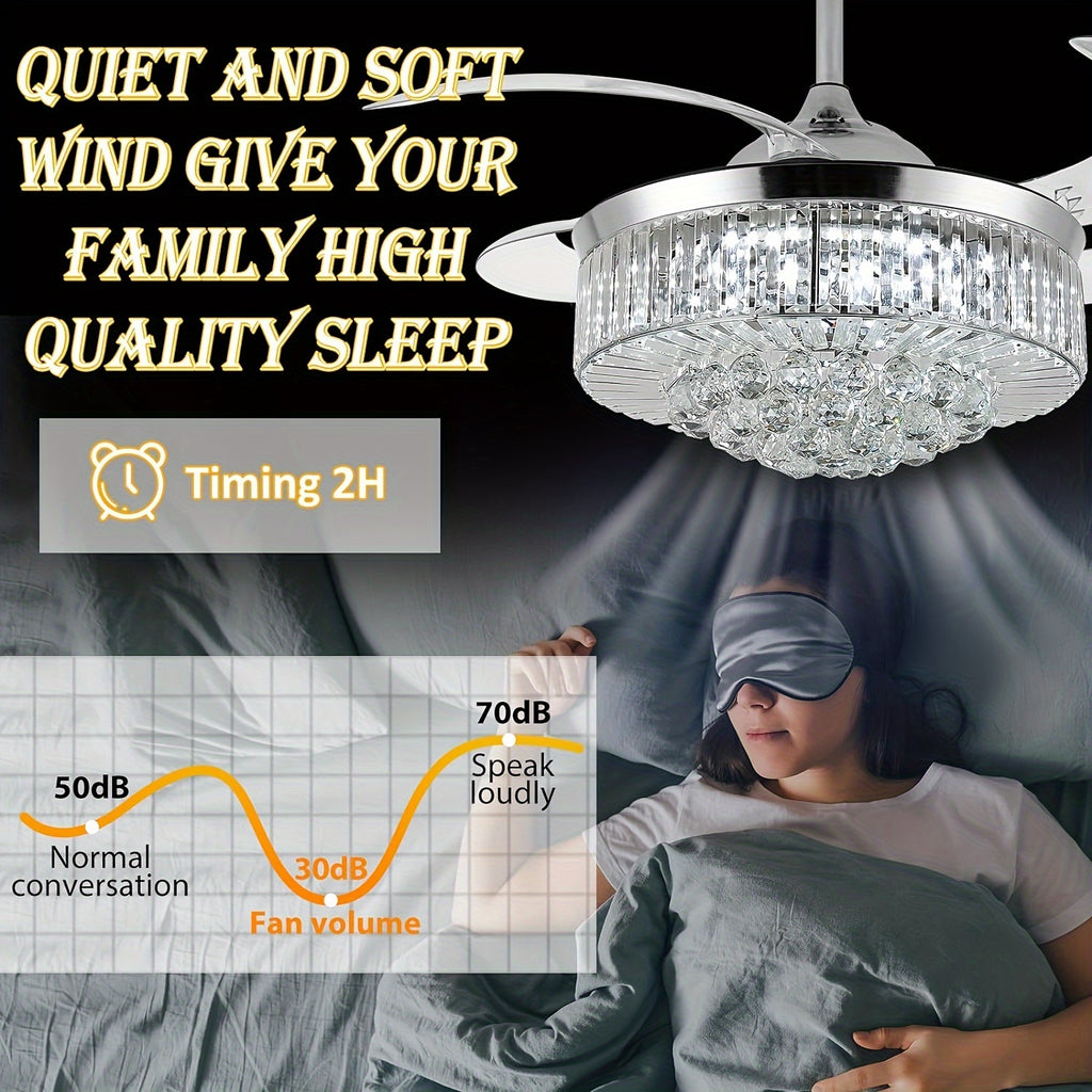Crystal Style Ceiling Fan Light in Silvery with Three Light Tones, Remote Light Control, Six Fan Speeds and Reversible Airflow for Bedroom and Dining Room Decor