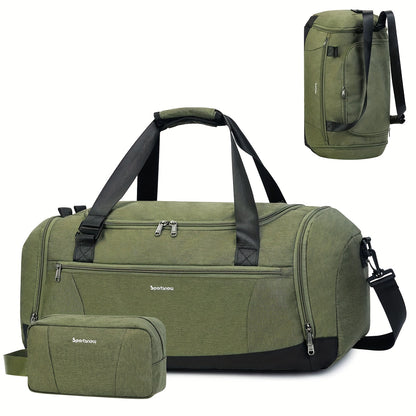 Travel Duffel Bag with Shoe Compartment and Wet Pocket, Adjustable Shoulder Strap and Bottle Holders for Men and Women, Gym and Weekend Trip Carry