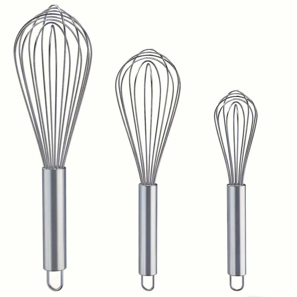 Stainless Steel Whisk Set of Three Manual Mixing Tools for Beating Eggs, Stirring and Blending Ingredients in Everyday Home Cooking and Baking