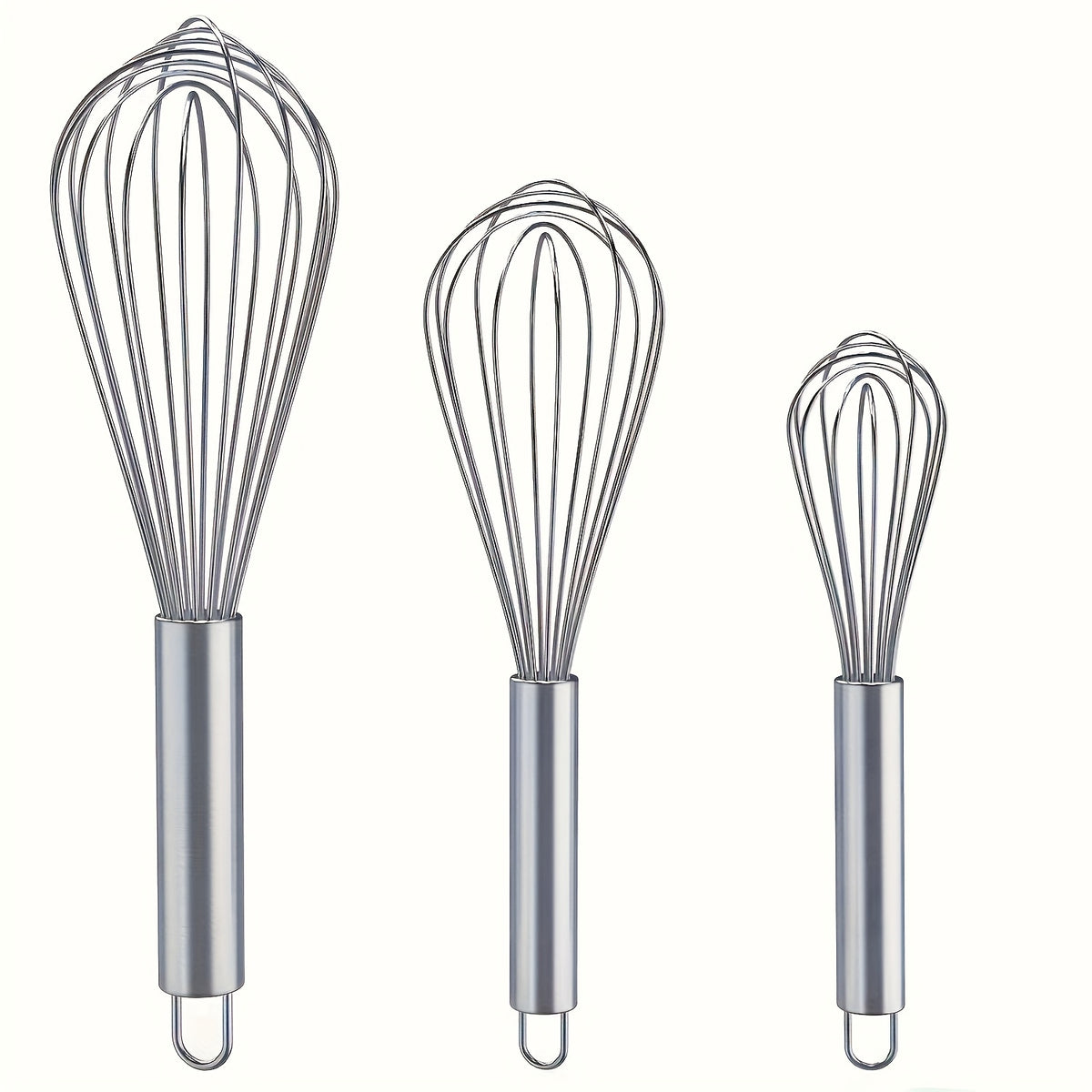 Stainless Steel Whisk Set of Three Manual Mixing Tools for Beating Eggs, Stirring and Blending Ingredients in Everyday Home Cooking and Baking