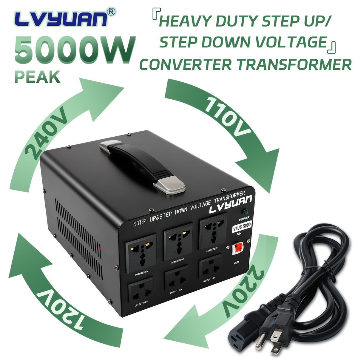 Voltage Converter 800W/5000W Peak, Heavy Duty Step Up Step Down Transformer, 110V to 220V / 220V to 110V, Aluminum Body, Safety Protections with Overload Indicator