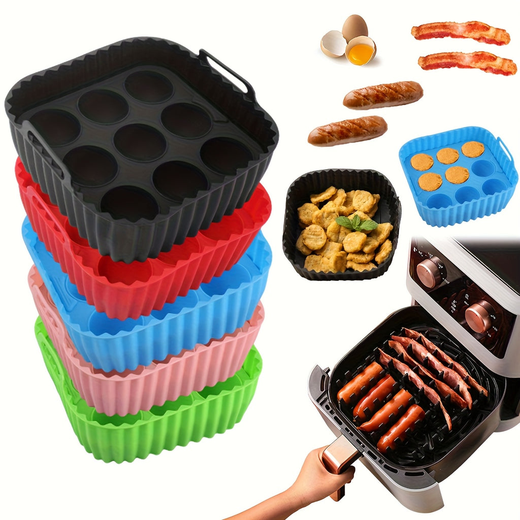 Silicone Air Fryer Baking Tray Set of Two with Listed Nonstick Liner and Muffin Mold Wording, Reusable Kitchen Accessories in Five Colors for Compatible Appliances