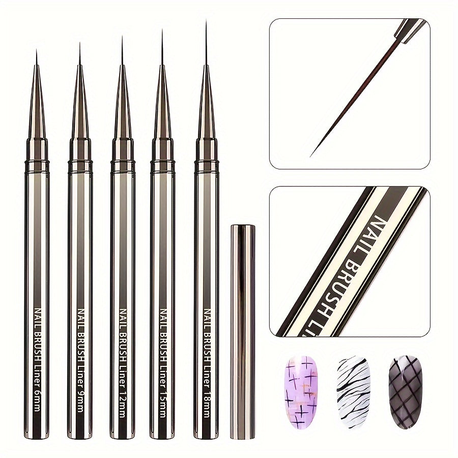 Capped Nail Art Liner Brush Set with Five Listed 6, 9, 12, 15 and 18mm Sizes, Metal Handles and Black Gray Option for Gel Polish Fine-Line Detailing