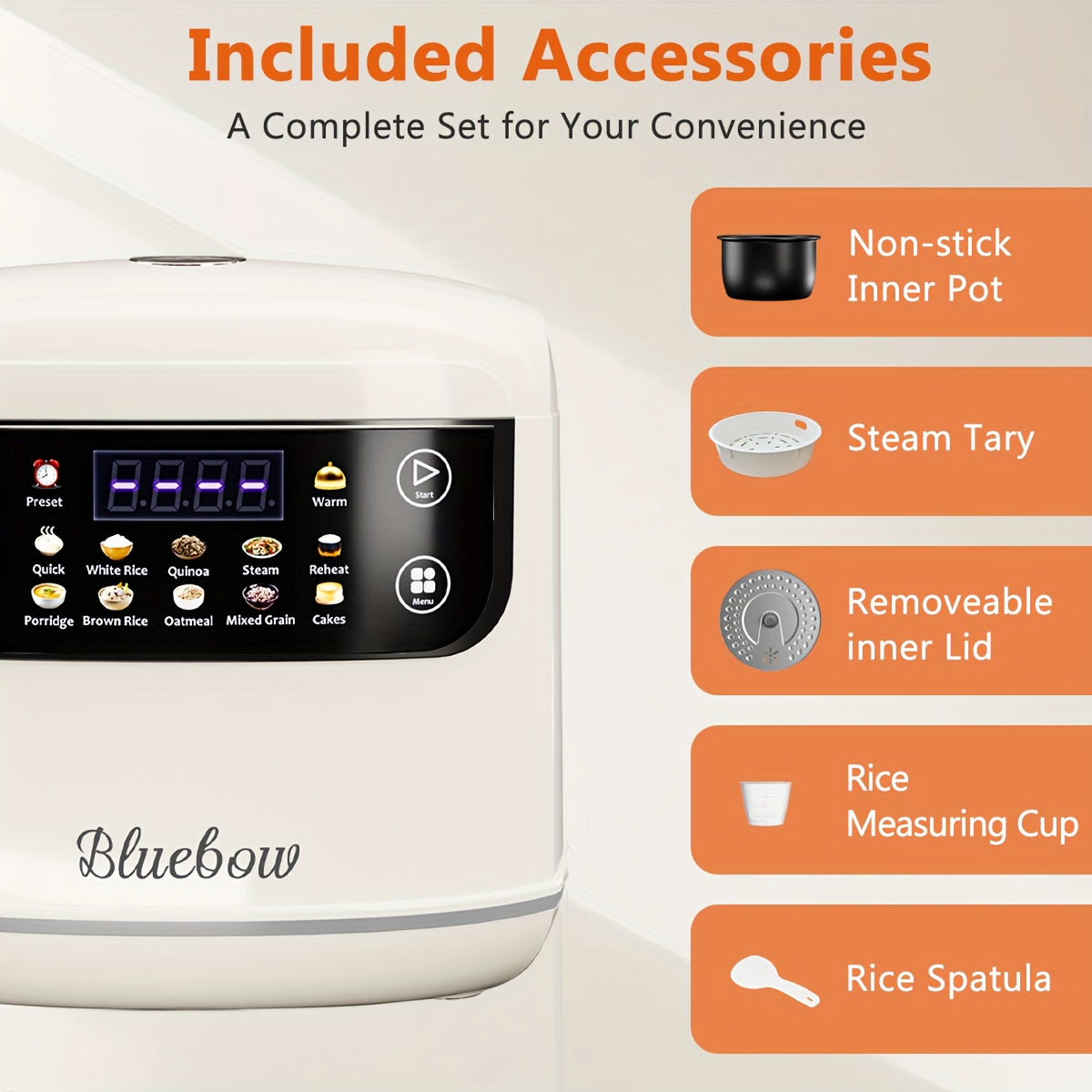 White LCD Rice Cooker by Bluebow with Listed 2L Capacity, Ten Menu Options, Nonstick Aluminum Inner Pot, Automatic Keep Warm and 24-Hour Delay for Small Households