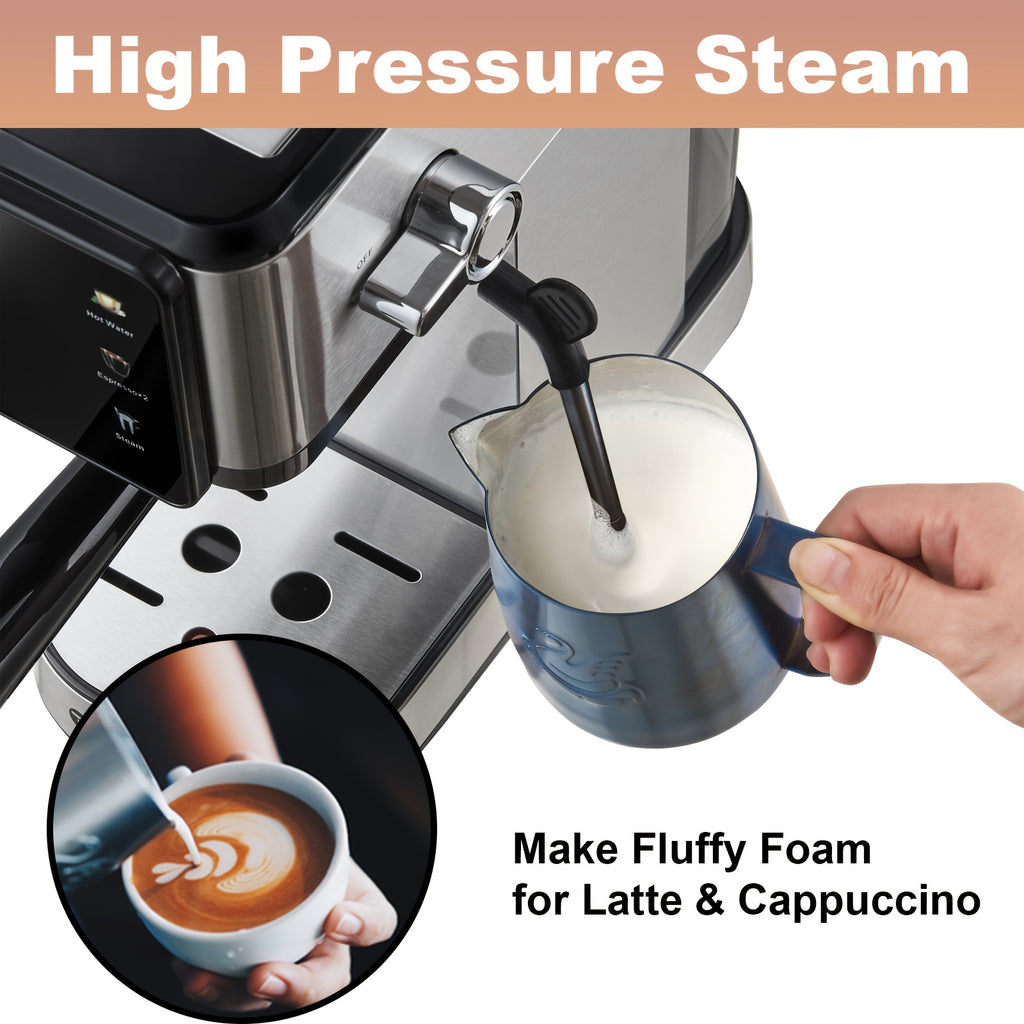 Touch Control Espresso Machine by TESSLUX, Listed 20 Bar Dual Boiler Coffee Maker with Milk Frother Wand in Silvery for Home Cappuccino and Latte Preparation