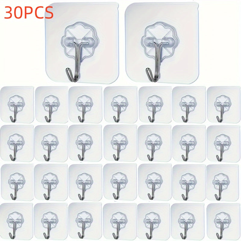 Transparent Adhesive Hooks for Kitchen and Bathroom Organization, 30-Piece Plastic Wall Hook Set with No-Drill Mounting on Compatible Surfaces