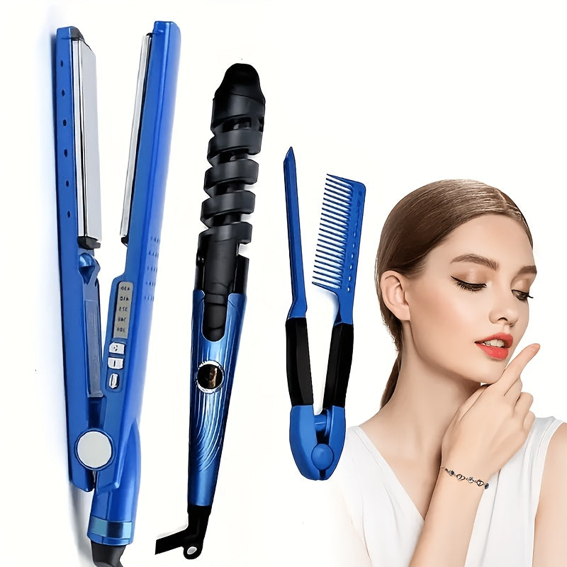 Flat Iron and Curling Iron Hair Styling Set with Comb, Upgraded Three-in-One Kit for Straight Hair, Curls and Wave Styling Routines, Birthday or Mother's Day Gift Idea