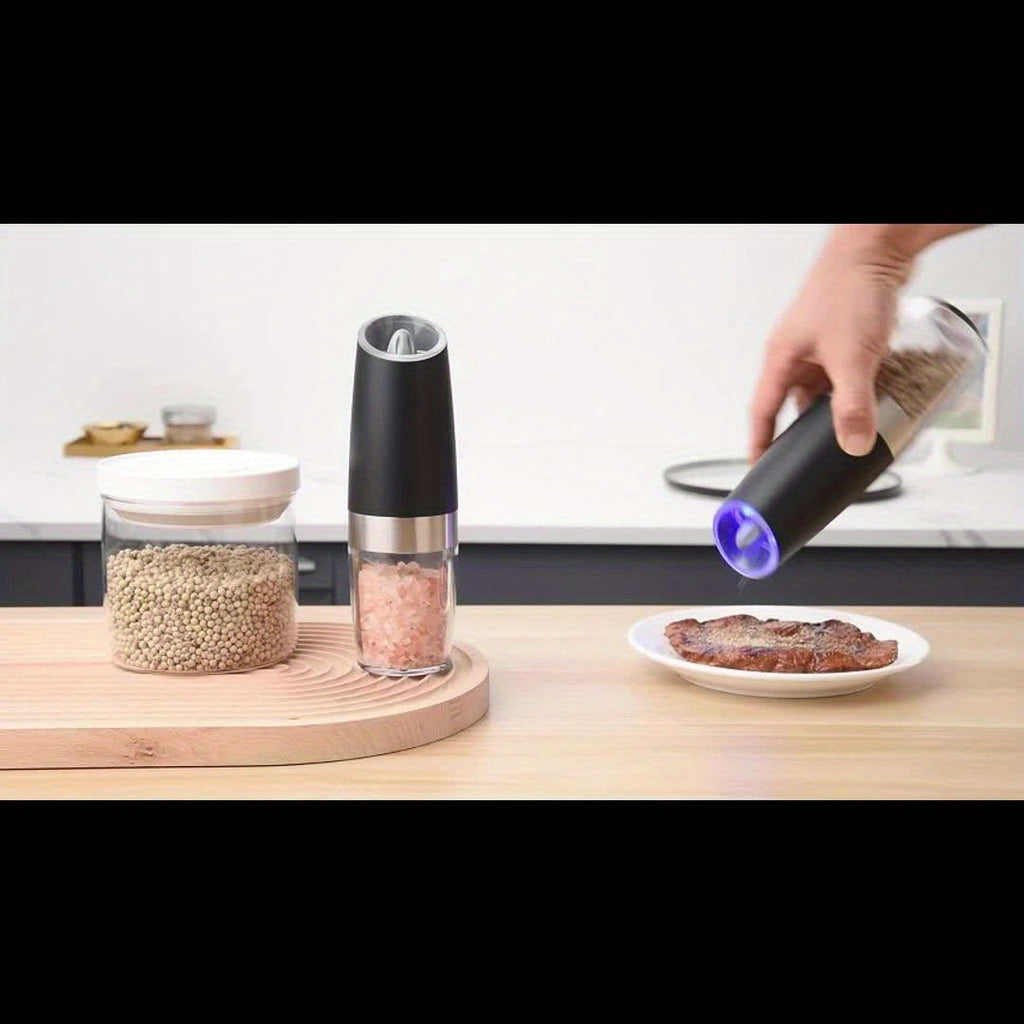 Electric Salt and Pepper Mill with Adjustable Coarseness and LED Light for Kitchen Seasoning, Single or Two-Piece Selections with Gravity-Sensing and USB Option Labels