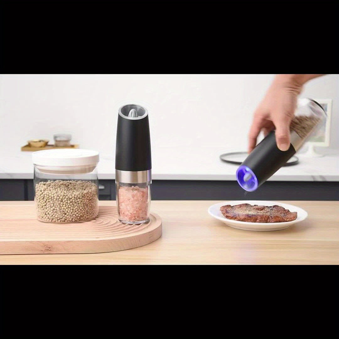 Electric Salt and Pepper Mill with Adjustable Coarseness and LED Light for Kitchen Seasoning, Single or Two-Piece Selections with Gravity-Sensing and USB Option Labels
