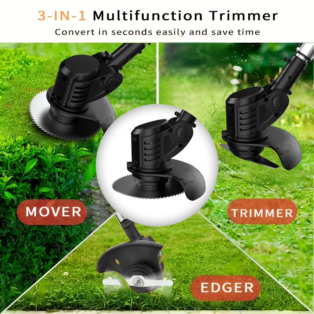 Rechargeable Garden Grass Trimmer with Cordless Electric Operation, Listed Three Blade Types and Selected Dual 2Ah Battery Packages for Home Lawn and Yard Care