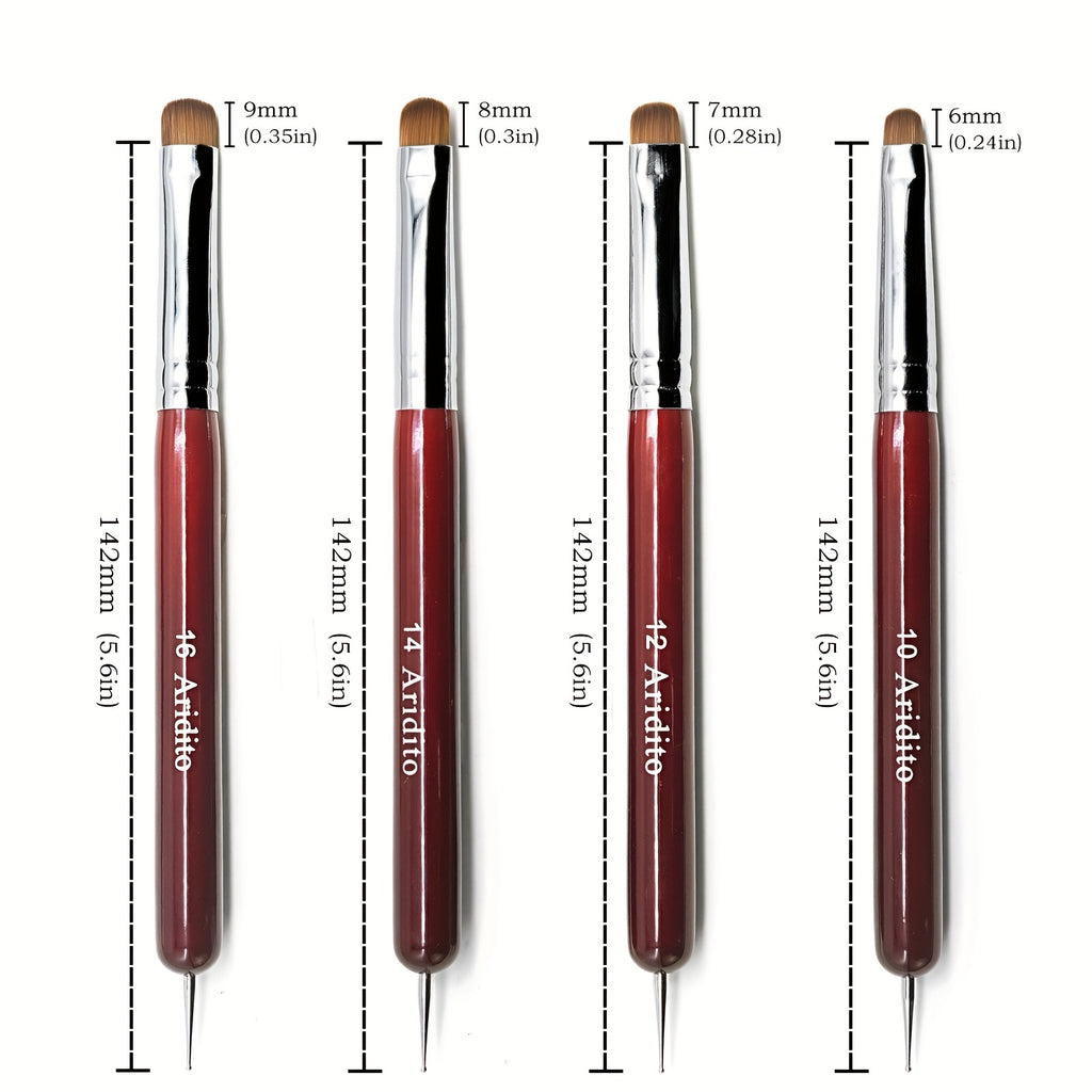 French Manicure Brush Set by Aridito, Four-Piece Nail Art Selection with Red Wood Handles, Metallic Ferrules and No. 10, 12, 14 and 16 Size Labels