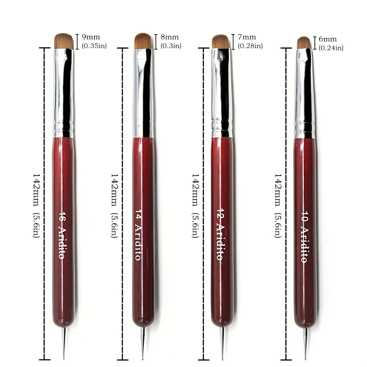 French Manicure Brush Set by Aridito, Four-Piece Nail Art Selection with Red Wood Handles, Metallic Ferrules and No. 10, 12, 14 and 16 Size Labels