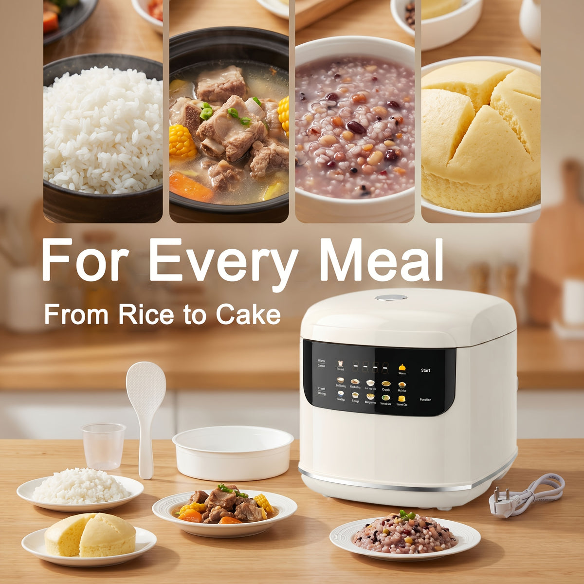 Small Rice Cooker 2L in White, Multifunctional Cooker with 12 Presets, Keep Warm and Delay Timer for Rice, Soup and Oatmeal, 1–3 People