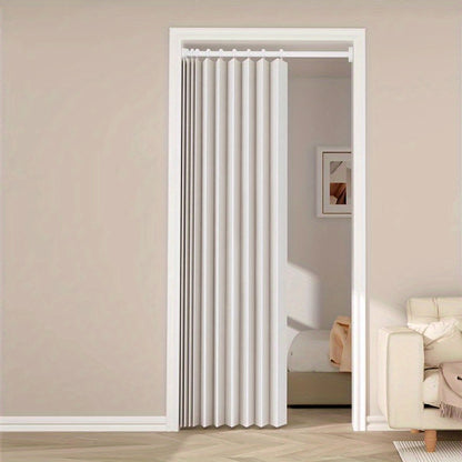 Accordion Door Curtain in Polyester with Hooks and Storage Straps, Foldable Room Divider Panel in Four Colors and Two Unfolded Sizes for Home Interiors