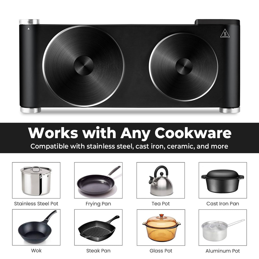 Double Burner Infrared Hot Plate by COKLAI MAX, Portable Electric Cooktop with Dual Temperature Control and Stainless Steel Body for Home Cooking
