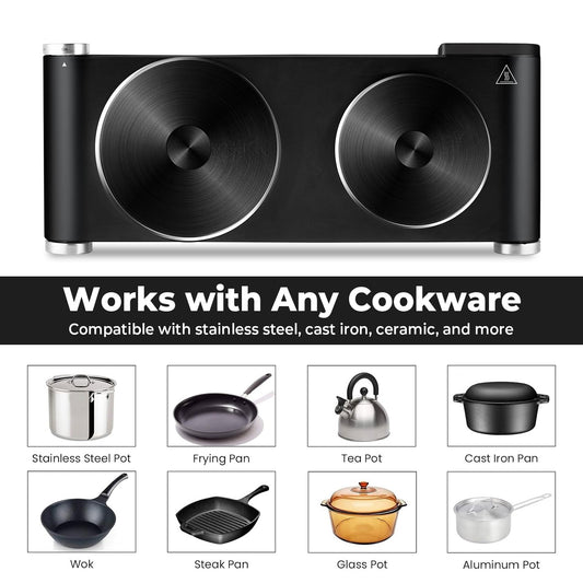 Double Burner Infrared Hot Plate COKLAI MAX with Dual Temperature Controls, Stainless Steel Body and Dark Black, Black or Red Options for Countertop Home Cooking