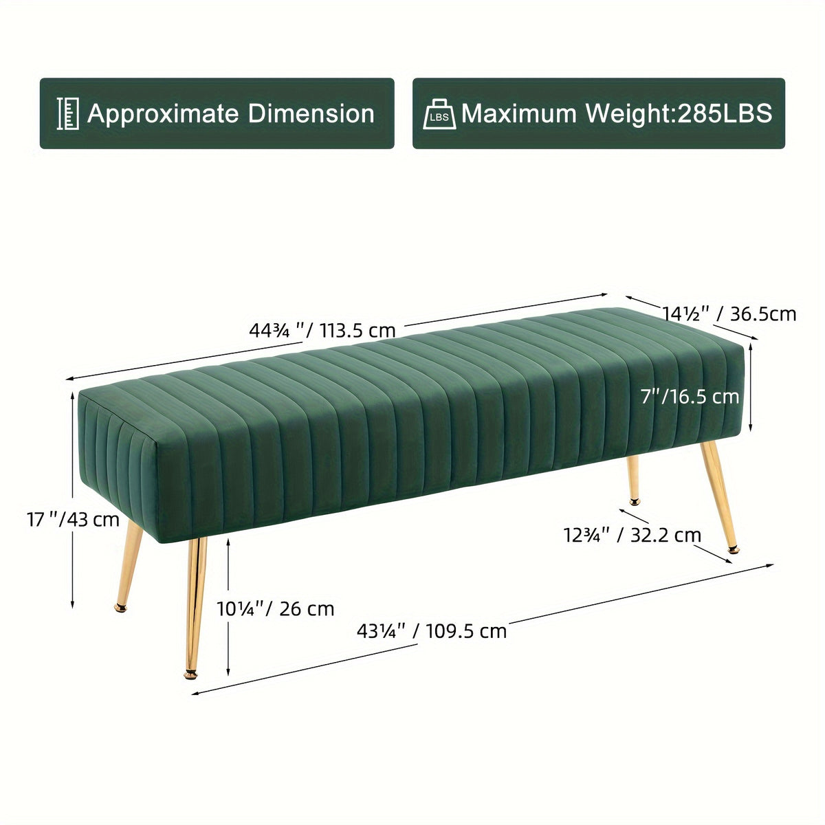 Velvet Entryway Bench with Gold-Plated Legs, 44-Inch Accent Seating for Shoe Changes, Bedroom End-of-Bed Styling and Living Room Footrest Use